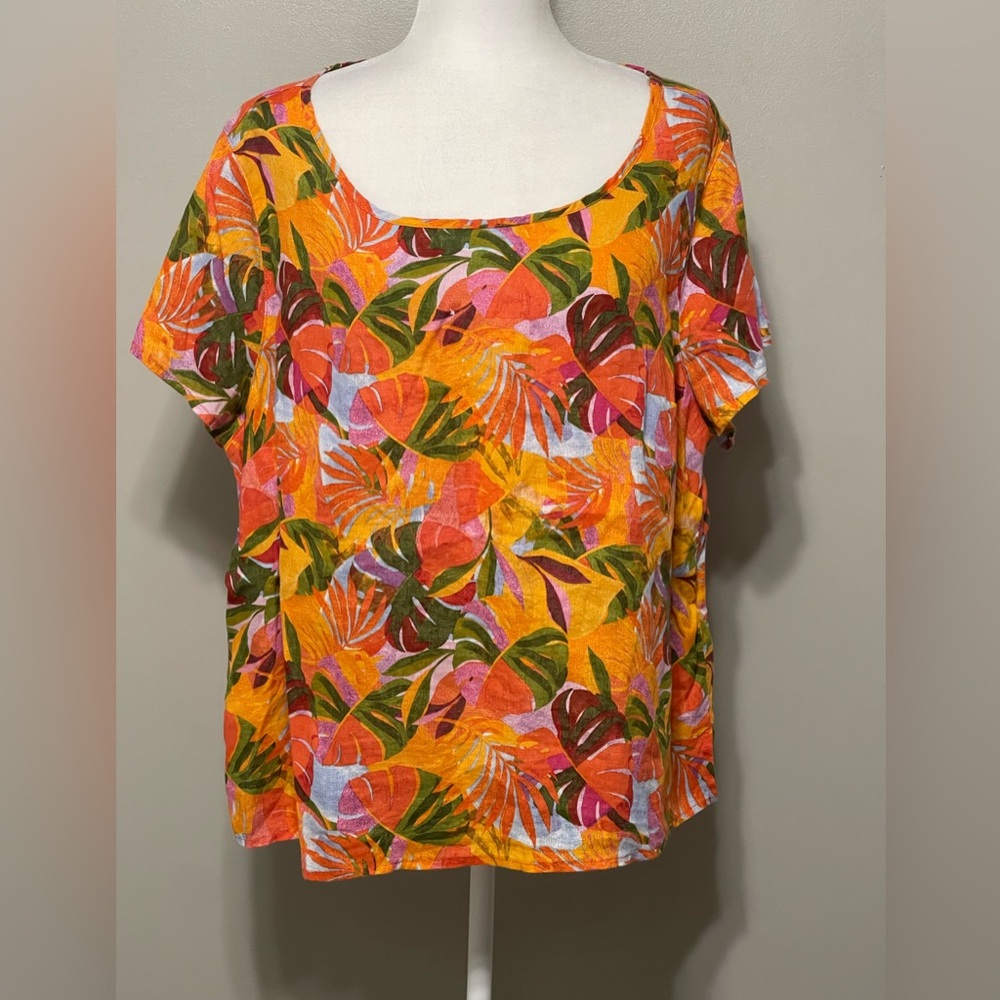 C&C California 100% Linen Tropical Leaf Floral Hawaiian Tunic Top Plus Size 1X